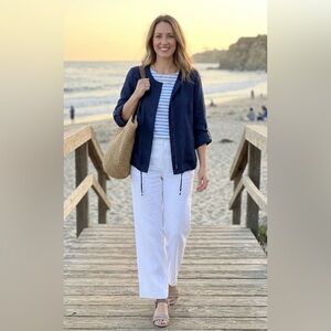 Chico's Navy 100% Linen Lightweight Utility Zip-Up Jacket - Size 1